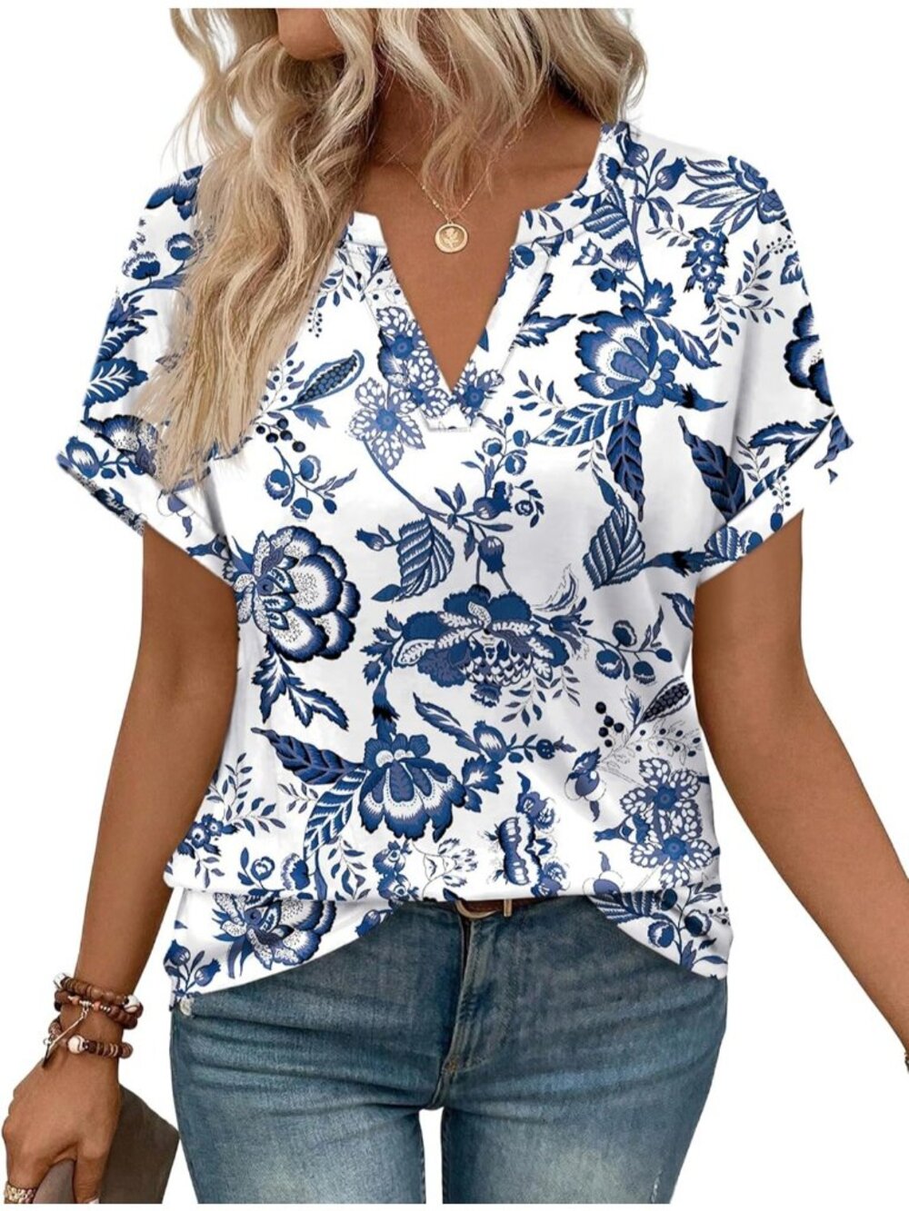 Women's T-Shirts Blue Floral V Neck Short Sleeve Casual Dress Summer Comfort